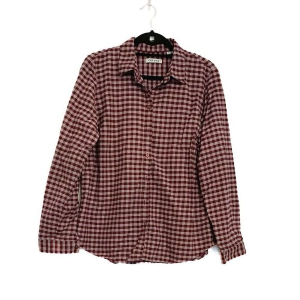 Orvis Burgundy Gingham Flannel Button Up Shirt Women’s Large Outdoors Cabincore